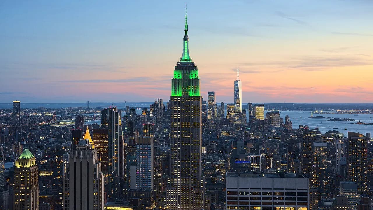 The Empire State Building above the New York City skyline, seen from Rockefeller Center